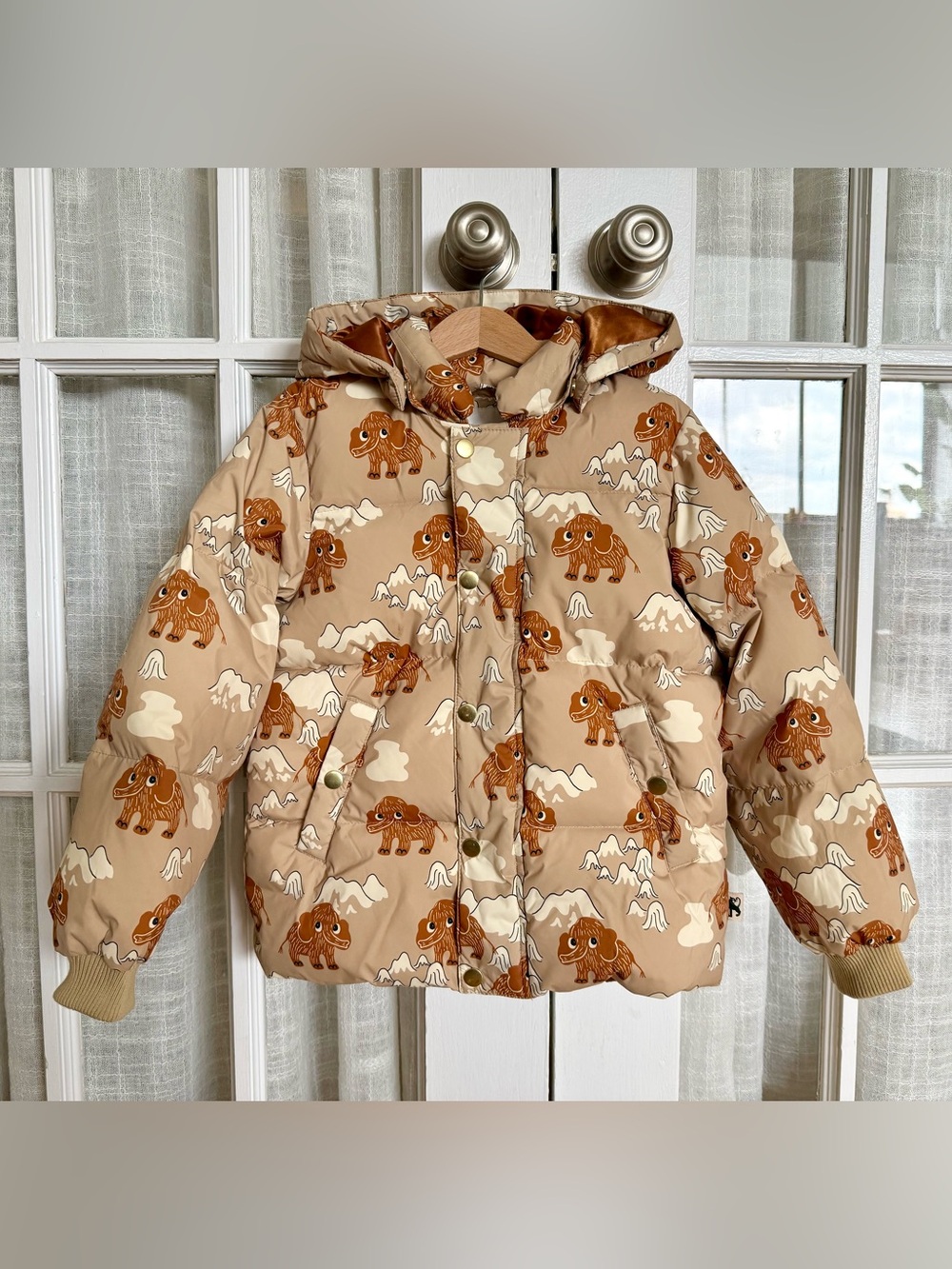 Mini Rodini Beige Mammoth-Print Hooded Puffer Jacket